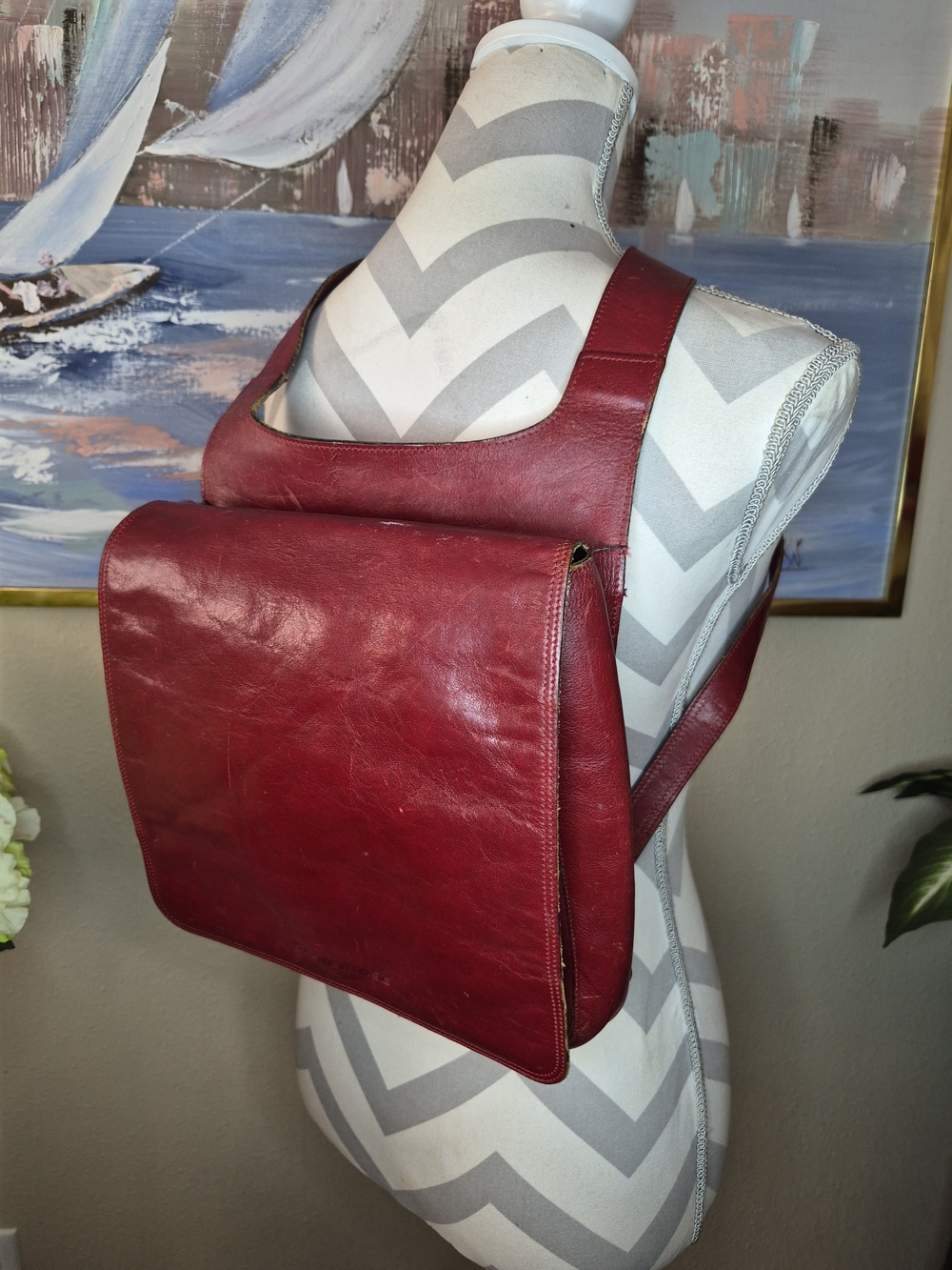 Vintage Stone Ridge Women's Red Leather Adjustable Backpack